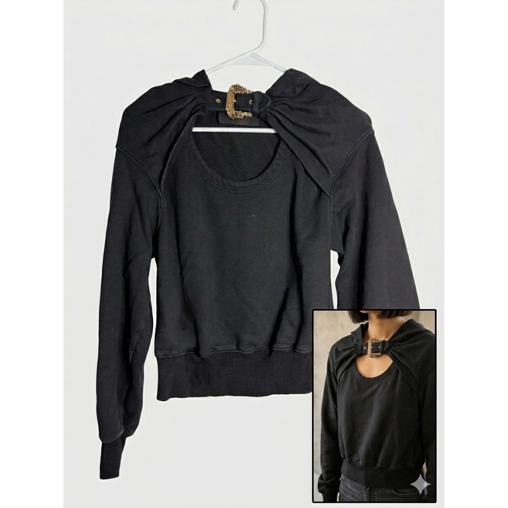 Versace Jeans Couture Black Cropped Hoodie Gold Baroque Buckle Italy Size XXS